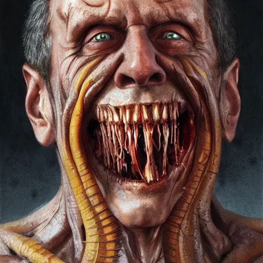 Image similar to a portrait of sergey lavrov, flesh eating worms, macabre, horror saw teeth, horror rotten teeth, peeling face skin, by donato giancola and greg rutkowski and wayne barlow and zdzisław beksinski, realistic face, visible face, digital art, artstation, symmetry
