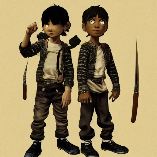 Image similar to rpg character concept art, twin brothers being cute and gangsta, intricate detail, in the style of jamie hewlett kawase hasui riyoko ikeda, 3 d render, artstation trending, 8 k, octane render, photorealistic, sharp detail, manga, black and white