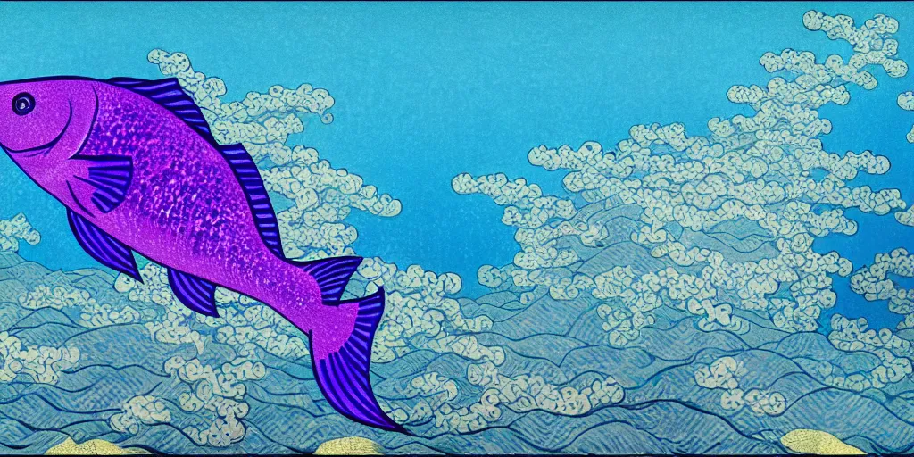 Prompt: breath takingly stunningly beautiful, purple fish, swimming in a beautiful coral reef, aesthetically pleasing Digital art, Concept art by Hokusai and Vincent Van Gogh and Claude Monet