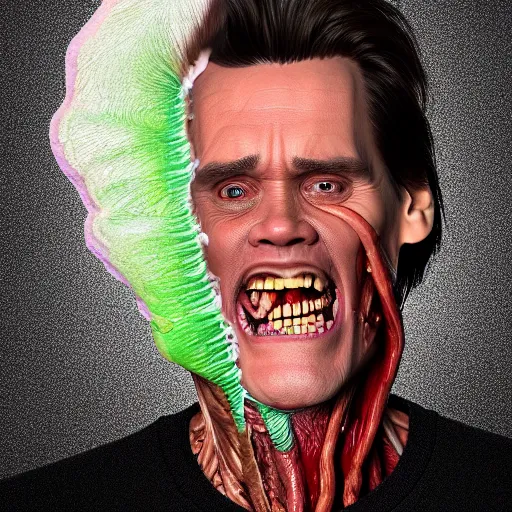 Image similar to jim carrey is fused into a meat stick, hyperdetailed, artstation, cgsociety, 8 k