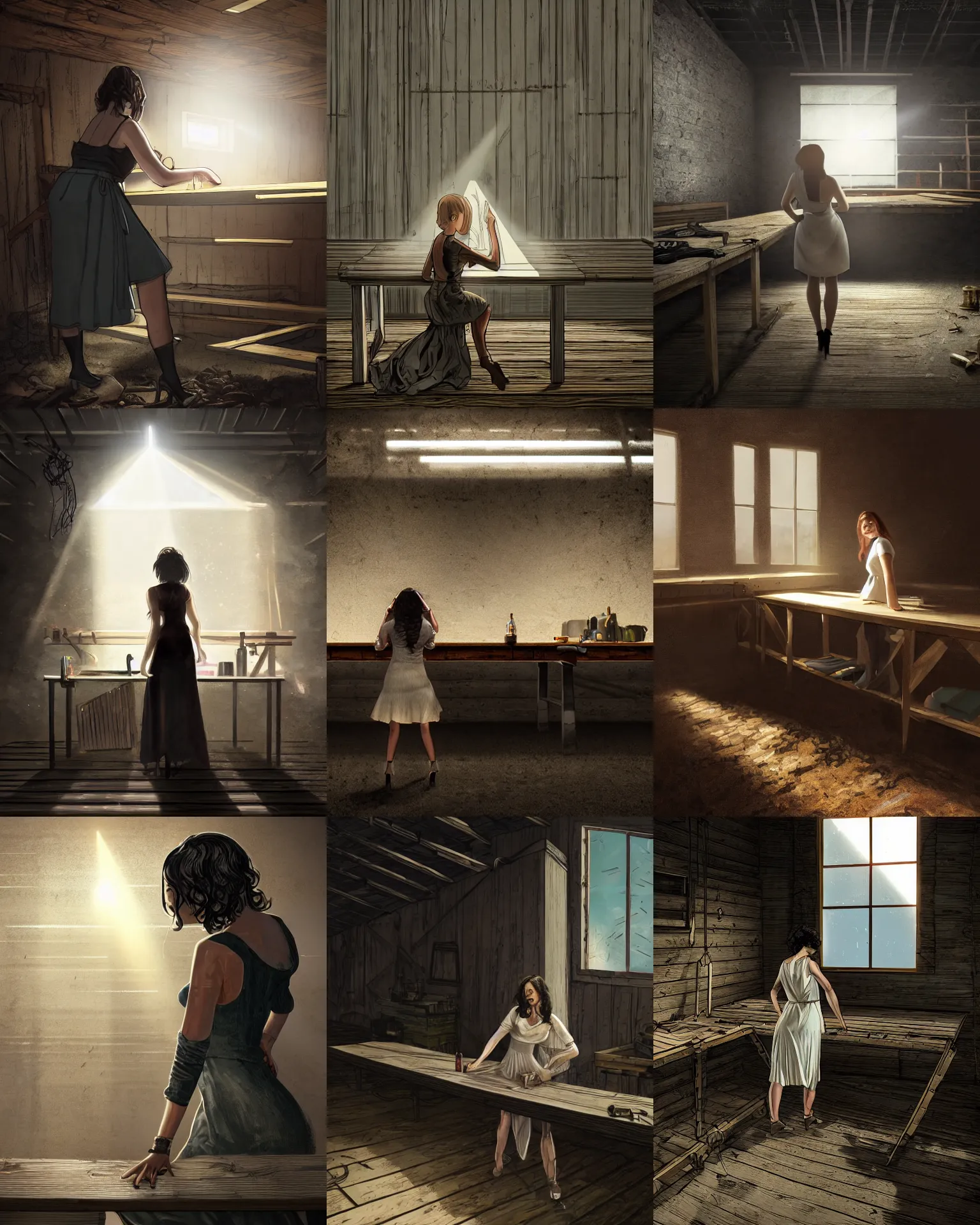 Prompt: style : disco elysium. composition : medium shot. style : digital art ; detailed ; menacing ; 4 k. scenery : the inside of a dark barn ; a faint ray of light is shining through a crack in the planks. subject : a young woman hiding behind a workbench ; dark hair ; wearing a white dress.