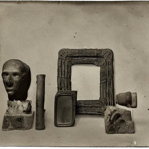 Image similar to Tintype photograph of primitive objects displayed in an ethnographic museum, archive material, anthropology,in the style of Marcel Duchamp, found objects, ready-made, 1920s studio lighting.