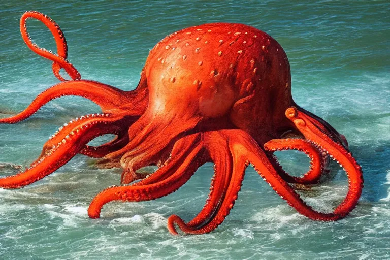 Image similar to giant <octopus>, high detail, long shot, epic out of water