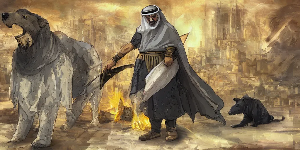 Prompt: sheikh mohammed ruler of dubai, medieval, village, claymore anime background, cooking a big bear, detailed features, concept art, cubism, illustration, smooth, sharp focus, intricate, 4 k