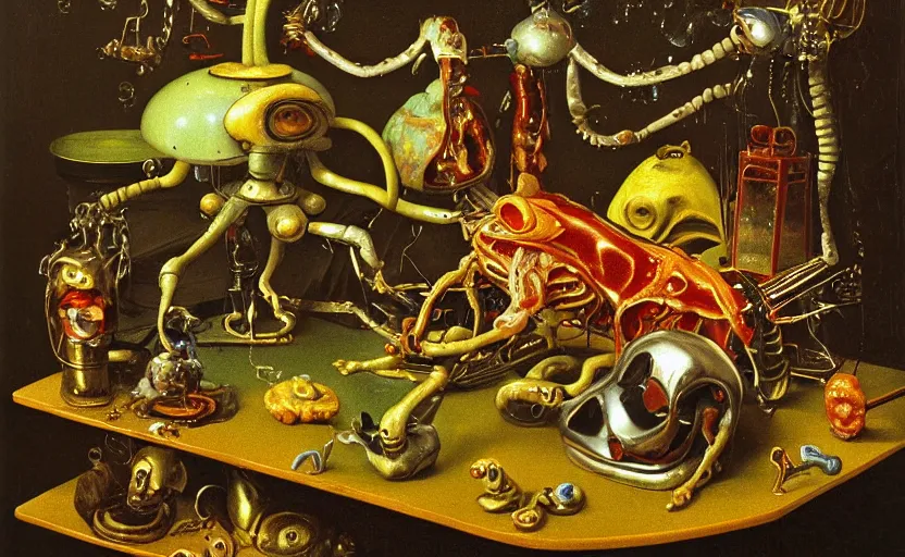 Prompt: strange robot body, disturbing colorful oil painting dutch golden age vanitas still life sparse composition with bizarre objects strange gooey transparent surfaces shiny metal reflections bizarre mutant meat insects rachel ruysch dali todd schorr very detailed perfect composition rule of thirds masterpiece canon 5 0 mm, cinematic lighting, photography, retro, film, kodachrome