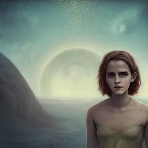 Prompt: psychedelic concept art illustration of Emma Watson with a dark moon in the far distance, trending on artstation, by zdzisław beksiński, 3d render, octane render, intricately detailed artwork, full 8k high quality resolution, recently just found unknown masterpiece