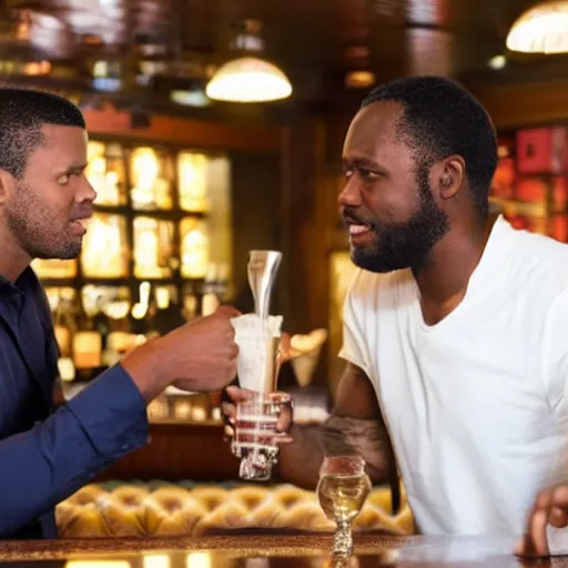 Prompt: a white man & a black man in a bar