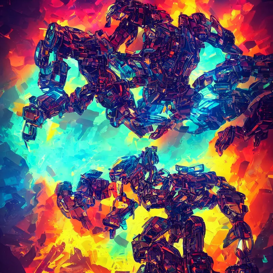 Prompt: of a giant robot warrior made of cubed armor melting into a pool of rainbow liquid trending on artstation with a blend of manga-style art, augmented with vibrant composition and color, Battle Scene, Sword fight, all filtered through a cybernetic lens, studio lighting, lit by flashing pixel light, cinematic lightning, medium shot, mid-shot, highly detailed, trending on artstation, Unreal Engine 4k, cinematic