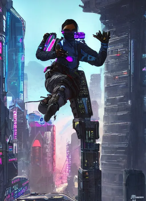 Image similar to apex legends cyberpunk free runner. concept art by james gurney and mœbius. gorgeous face, cinematic, dramatic lighting ( cyberpunk 2 0 7 7 ), clean aesthetic