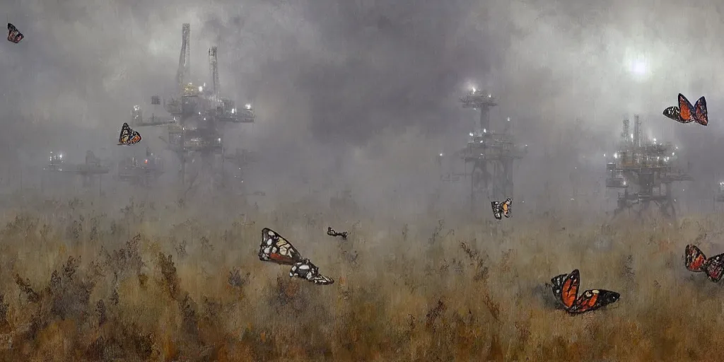 Prompt: in a stormy fog, a group of butterflies perch on a prairie oil platform, by craig mullins