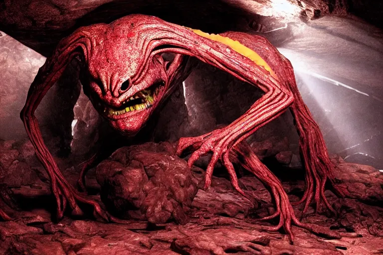 Image similar to vfx movie scene closeup monstrous alien with red streaks in its skin creature in underground rocky cave. by emmanuel lubezki