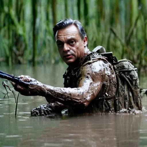 Image similar to film still of hungarian prime minister viktor orban as major dutch, covered in mud and hiding from the predator predator predator in swamp scene in 1 9 8 7 movie predator, hd, 4 k