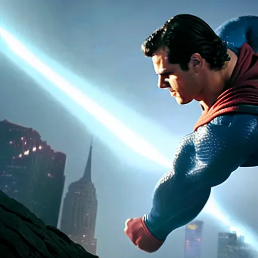 Image similar to Incredible cinematic realistic image of Henry Cavill dressing up the cape as Superman at top of empire state fighting a giant kaiju, destruction over new york, hyper real, intrincate, cinematic global ilumination, dawn, lens flare