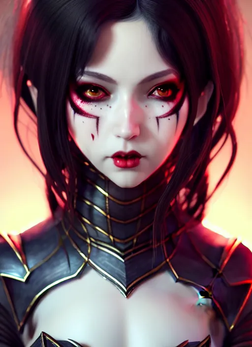 Image similar to full plate armor!!! beautiful and elegant dark hair female vampire!! gorgeous ayes!! character concept art, sharp focus, octane render! unreal engine 5! highly rendered!! trending on artstation!! detailed linework!! illustration by artgerm, wlop, and chie yoshii