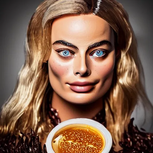 Image similar to honey goddess Margot Robbie made of honey, hyper realistic award winning food photography