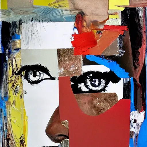 Prompt: The performance art is an abstract portrait of a woman. The woman's face is divided into two halves, one half is black and the other is white. The woman's eyes are large and staring. The performance art is full of energy and movement. electric, Still Life by Robert Rauschenberg mild