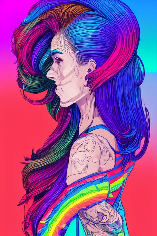 Image similar to a award winning half body portrait of a beautiful woman with stunning eyes in a printed croptop and cargo pants with rainbow colored ombre hairstyle head in motion and hair flying by josan gonzales, outrun, vaporware, shaded flat illustration, digital art, trending on artstation, highly detailed, fine detail, intricate