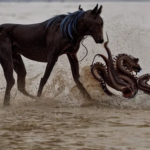 Image similar to National Geographic photo of horse full of octopus being eaten by African hunting dogs