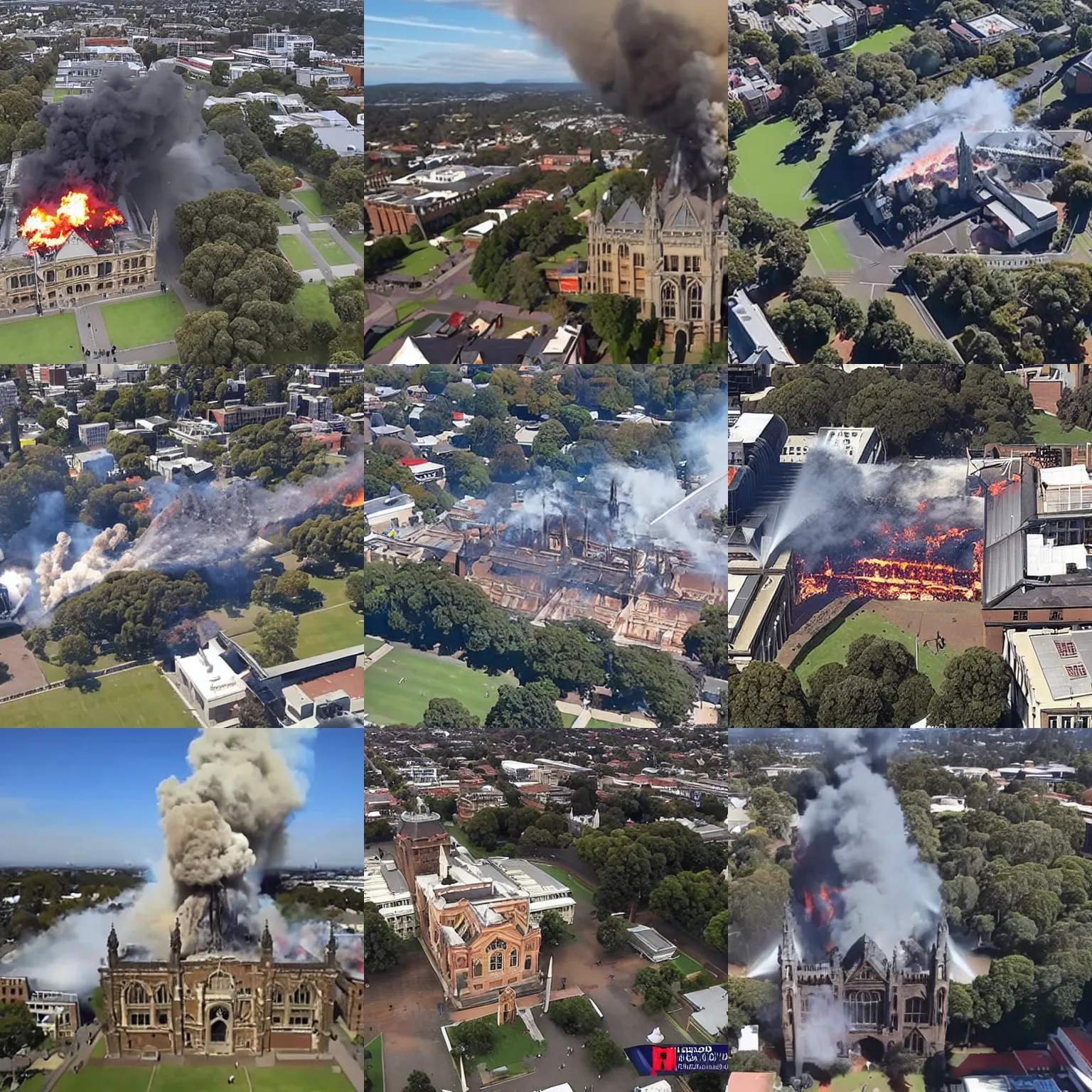 Prompt: the university of melbourne burning down, aerial drone footage