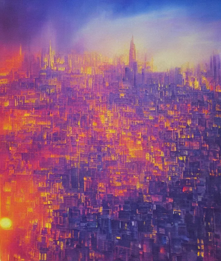 Prompt: An extremely close up shot of the interior of a European City with rays of sunlight bouncing off the buildings, sunrise, sunset, bright yet cool colors, colors and rays of yellow orange red pink purple and blue cover the image, melancholic, nostalgic, cool, epic, oil painting, painting, trending on deviantart, trending on artstation, realistic, polaroid photograph, polaroid, lens blur, photo, realistic, hyperrealistic, very realistic, detailed, very detailed, intriciate detail, intricate details, HD quality, 4k resolution, 8k resolution, in the style of an album cover, in the style of Édouard Cortès