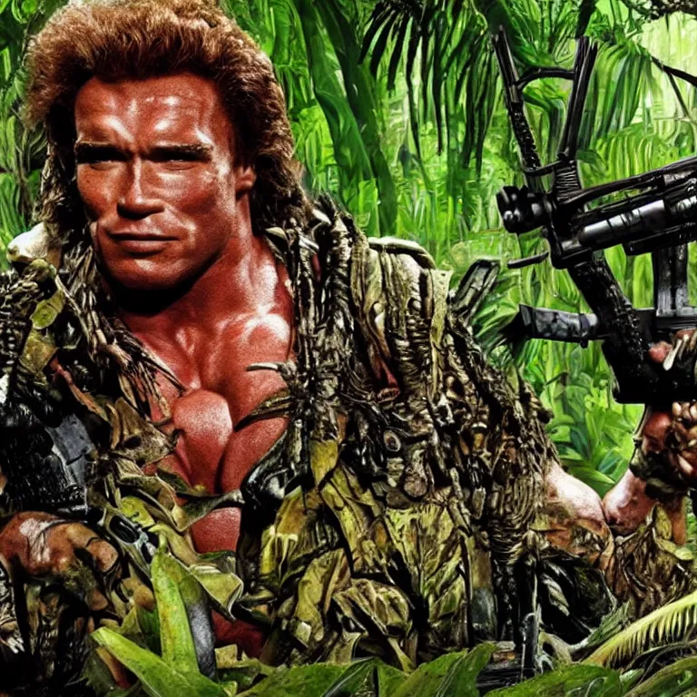 Image similar to seth rogan as arnold schwarzenegger in predator with rifle in the jungle, photo - realism, realism, predator, jungle camo