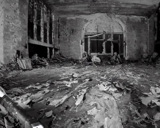 Prompt: camera footage of a group of soldiers in an abandoned church, high exposure, dark, monochrome, camera, grainy, CCTV, security camera footage, timestamp, zoomed in, fish-eye lense,