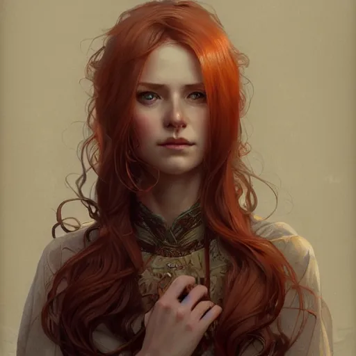 Image similar to A full portrait of Nordic female, 30 years old, brown red long hair, intricate, elegant, highly detailed, digital painting, artstation, concept art, smooth, sharp focus, illustration, art by Krenz Cushart and Artem Demura and alphonse mucha