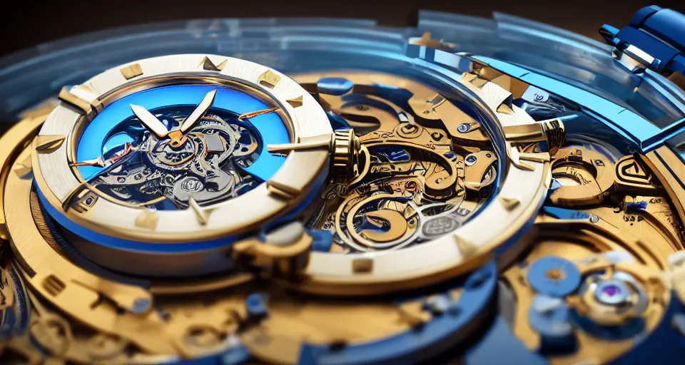 Prompt: complex 3 d render of a futuristic steampunk watch lying on a table, high detail, sharp focus, glowing blue interior components, intricate detail, depth of field, bokeh, cinematic lighting and composition, octane render, film grain, ulysse nardin