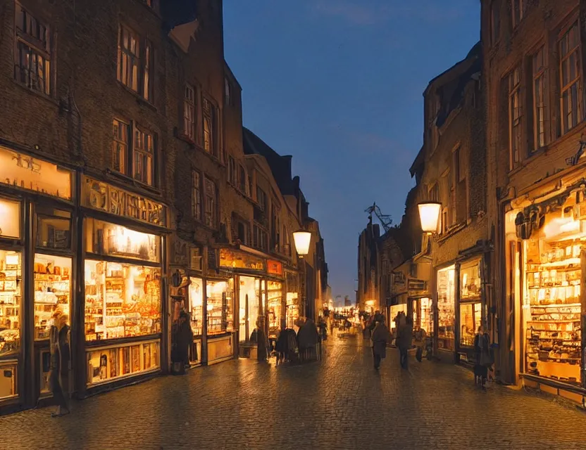 Image similar to close view of a shop in gent belgium at night, peaceful and serene, incredible perspective, soft lighting, anime scenery by makoto shinkai and studio ghibli, very detailed