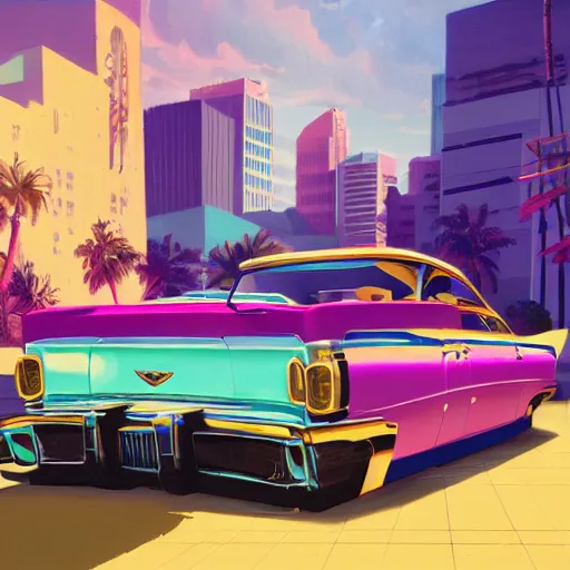 Prompt: swagger! lowrider culture, living large in the city by tyler edlin, editorial, bold colors, detailed, bold colors, miami vice, incredible lighting, great composition, artstation