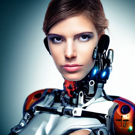 Prompt: photo portrait of 1 beautiful female cyborg