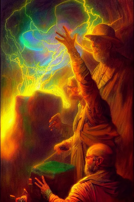 Prompt: electric old gods, painted by tim hildebrandt and peter lloyd, trending on artstation, rembrandt lighting front view iridescent colors, chalk art, macro, magic realism, manierism