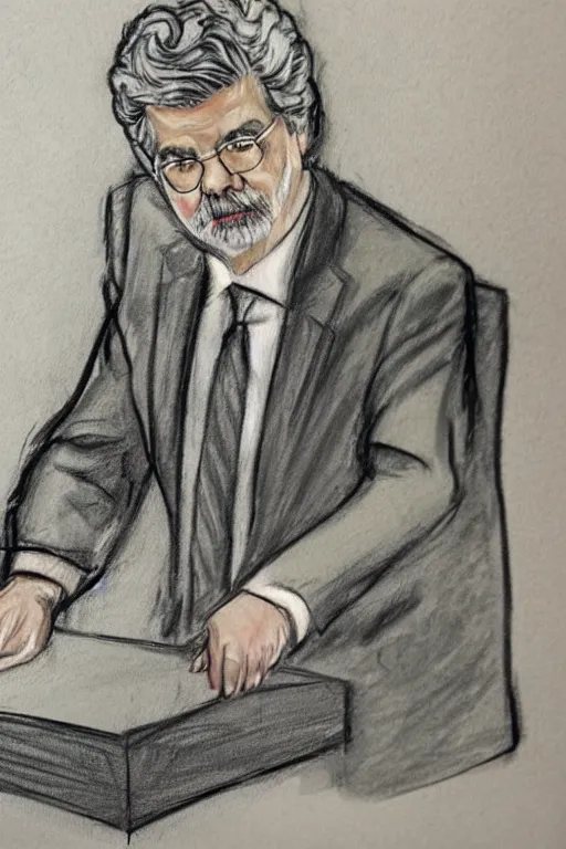 Prompt: courtroom sketch of George Lucas on trial
