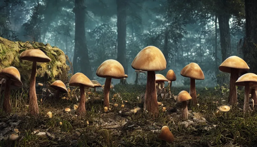 Image similar to hyper realistic highly detailed nature photography of mushroom infested skeleton zombies, prehistoric planet, volumetric lighting, octane render, 4 k resolution, golden hour