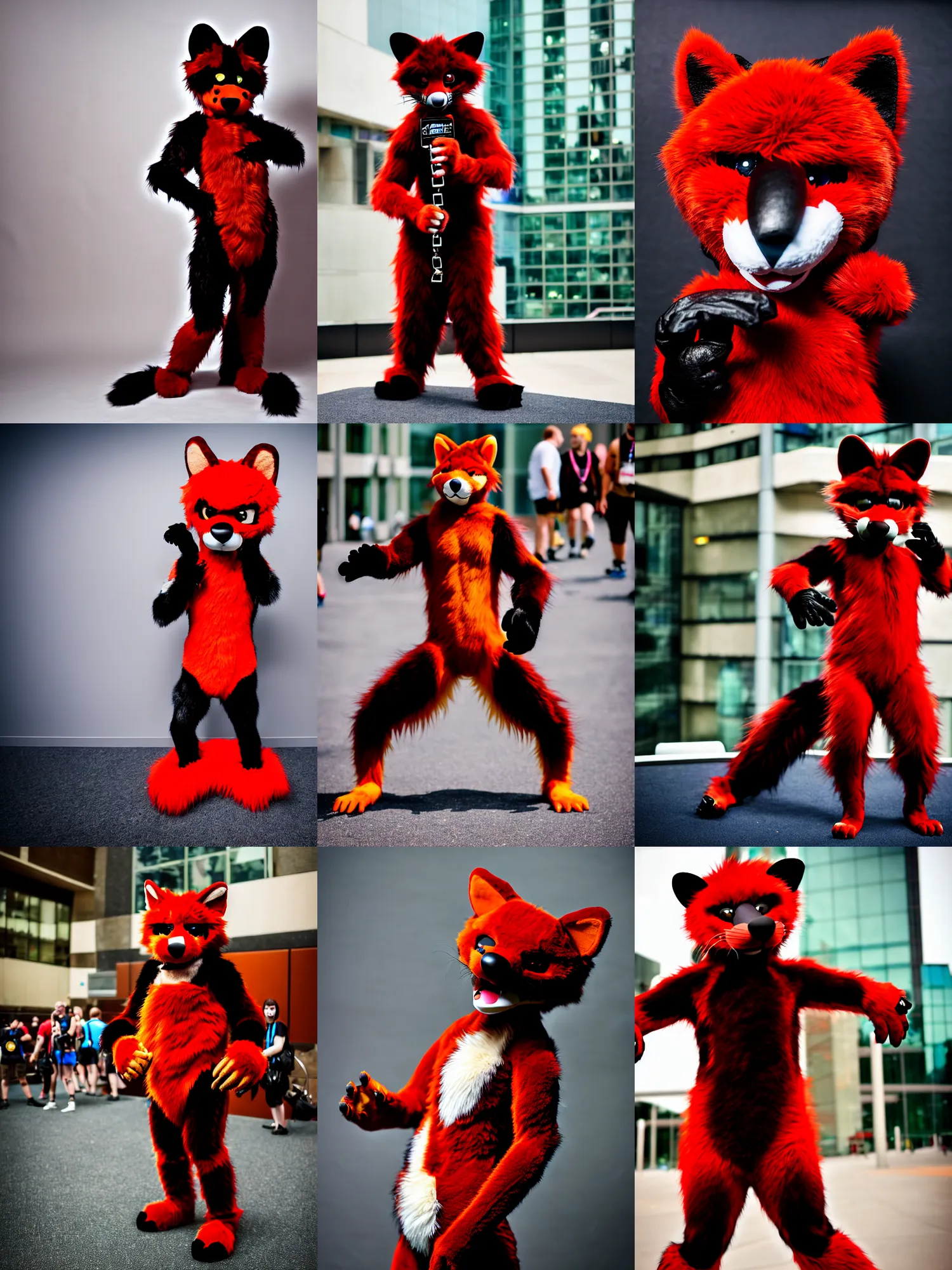 Image similar to photo of a fursuiter posing | | fullbody photoshoot photo portrait of a cute roguish male red - black furred weasel furry fursuiter ( tail attached ), key visual, taken at anthrocon ( furry convention )