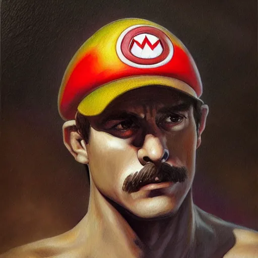 Image similar to An ultra realistic portrait painting of Mario in the style of Frank Frazetta, 4k, Ultrarealistic, Highly Detailed, Dark Fantasy, Epic Lighting