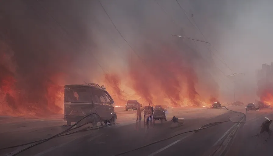 Image similar to Los Angeles under tons of sand during a huge sandstorm with people fleeing and cars on fire, ashes and smoke columns, hyperdetailed, artstation, cgsociety, 8k