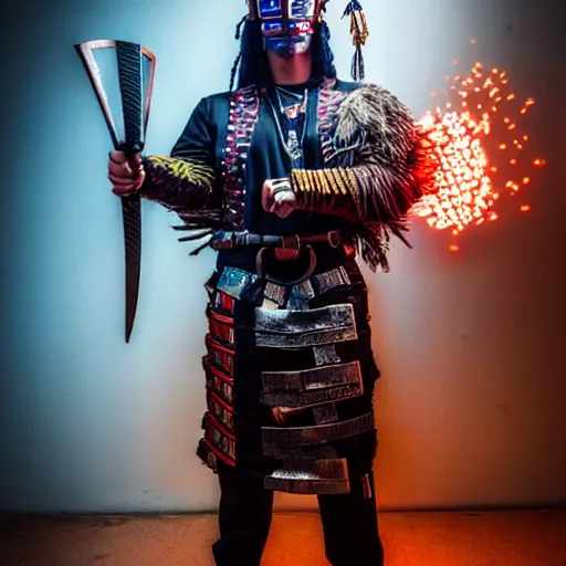 Image similar to photo of a real-life cyberpunk aztec warrior