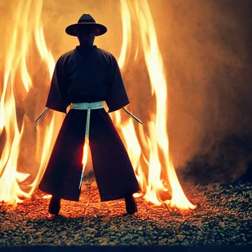 Image similar to cinematic film still Pharrell Williams starring as a Samurai holding fire, Japanese CGI, VFX, 2003, 40mm lens, shallow depth of field,film photography