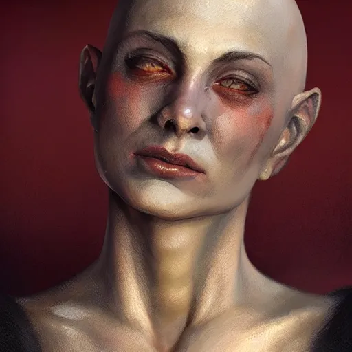 Image similar to painting of a bald woman, sad, cry, gloomy, blood, fire, intricate, elegant, highly detailed, digital painting, artstation, concept art, matte, sharp focus, illustration, octane render, unreal engine, art by aenaluck and roberto ferri and greg rutkowski, epic fantasy, digital painting