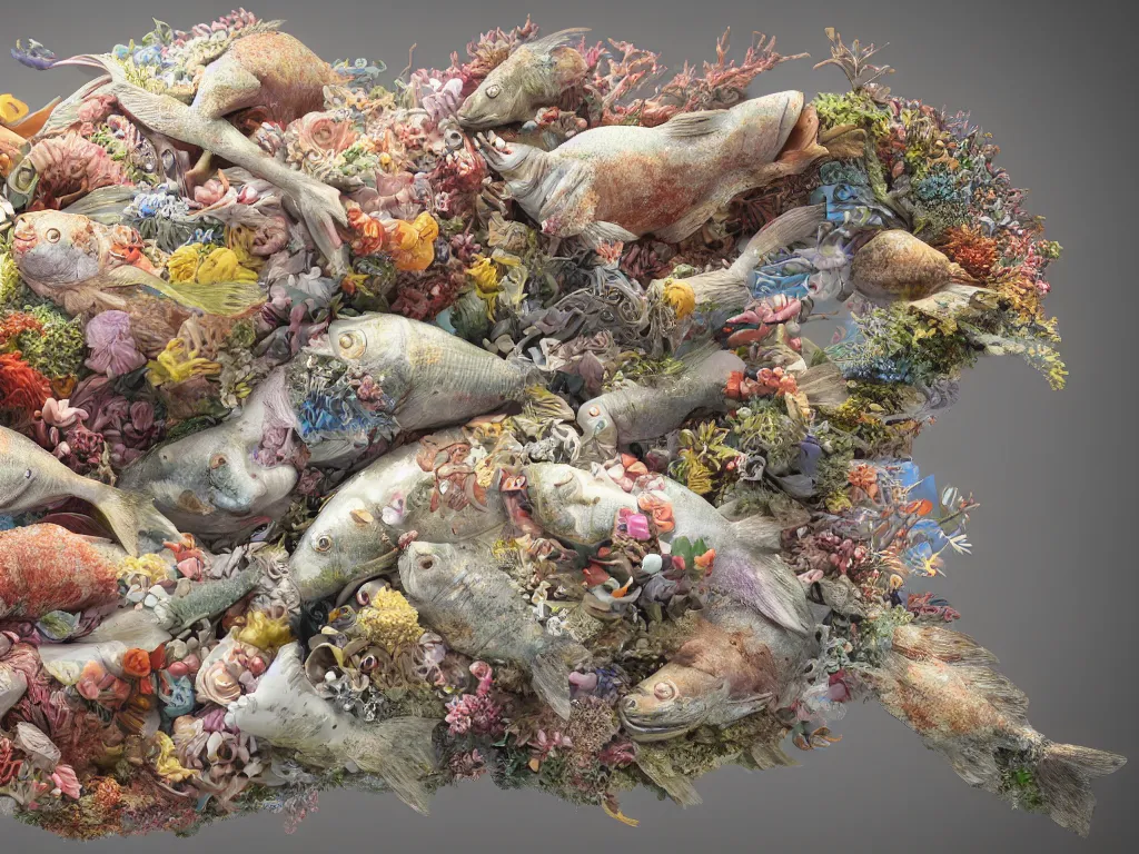 Prompt: a sculpture of fish ocean intertwined, a lovely cornucopia of flowers and human body parts, body parts, highly detailed, octane render, cinematic, shock, sharp focus
