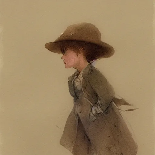 Image similar to portrait of a child standing and facing front looking strait ahead a muted color watercolor sketch of story book character ifrom the book Baltimore & Redingote by Jean-Baptiste Monge of an old man in the style of by Jean-Baptiste Monge that looks like its by Jean-Baptiste Monge and refencing Jean-Baptiste Monge