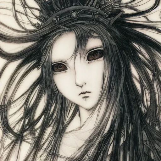 Image similar to yoshitaka amano blurred and dreamy artwork of a manga girl with black eyes, wavy white hair fluttering in the wind wearing elden ring armor and crown with engraving, highly detailed face, abstract black and white patterns on the background, noisy film grain effect, highly detailed, renaissance oil painting, weird portrait angle, blurred lost edges, three quarter view