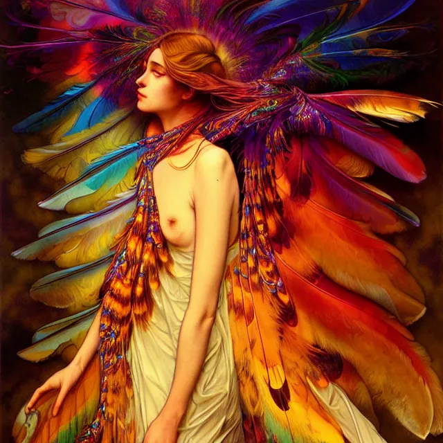 Image similar to psychedelic transcendent feather mind bending psychedelic wings of glossy liquid honey flowing like kaleidoscopic translucent holograph, lsd feathers, honey wind, enlightenment, high contrast dappled lighting, refracted sunset, highly detailed, concept art, art by collier, albert aublet, krenz cushart, artem demura, alphonse mucha