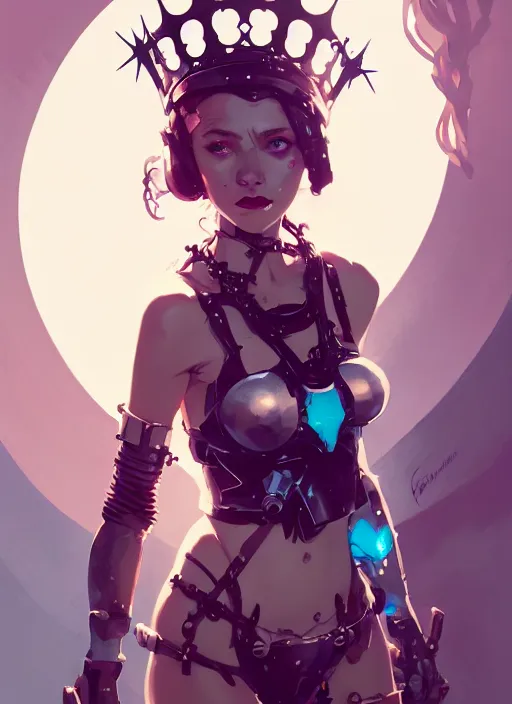 Image similar to portrait of cute maiden girl with crown of thorns in cyber bikini armor, warhammer, cyberpunk, by atey ghailan, by greg rutkowski, by greg tocchini, by james gilleard, by joe fenton, by kaethe butcher, dynamic lighting, gradient light blue, brown, blonde cream and white color in scheme, grunge aesthetic