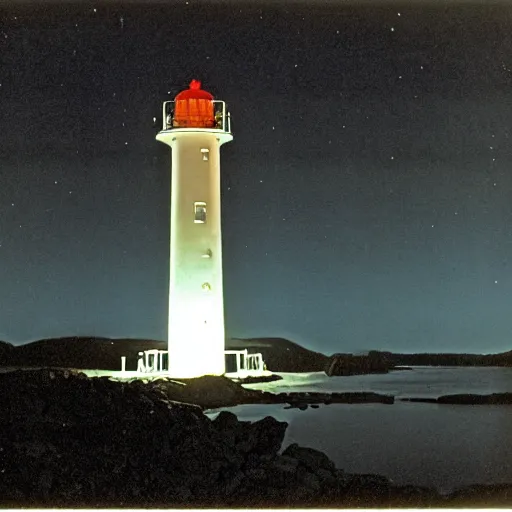 Prompt: 1985 photo of an alien lighthouse at night, surrounded by mosquitoes and evil