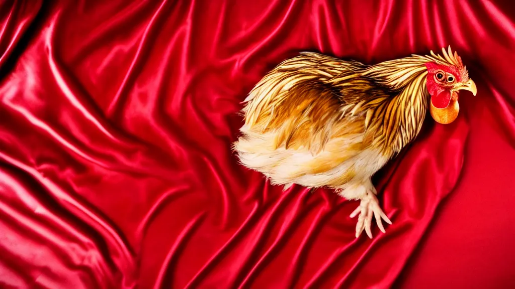 Image similar to A Extremely Stunning Detailed Full body picture of a singular isolated Chicken, lays down across the bed horizontally wearing a red dress while laying on a red Satin bed looking directly at you. 85mm, award winning