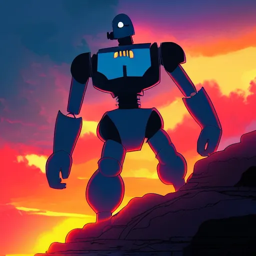 Prompt: Iron giant at sunset, 4k, trending on artstation, dramatic lightning, highly detailed, cinematic, illustration,