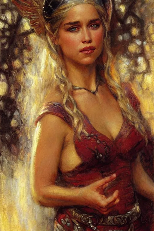 Prompt: portrait of daenerys targaryen by gaston bussiere.