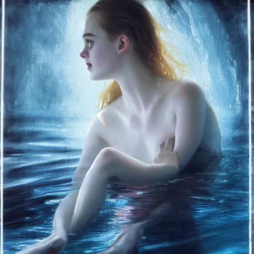 Prompt: silhouette of a Elle Fanning underwater in a pool, pitch black room, extremely detailed masterpiece, oil on canvas, low-key neon lighting, artstation, Blade Runner 2049, Roger Deakin’s cinematography, by J. C. Leyendecker and Peter Paul Rubens,